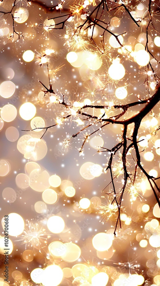 Poster a close-up of a tree branch with numerous lights behind it and out-of-focus lights in front
