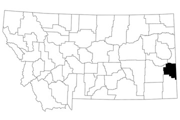 Map of Fallon County in Montana state on white background. single County map highlighted by black colour on Montana map. UNITED STATES, US