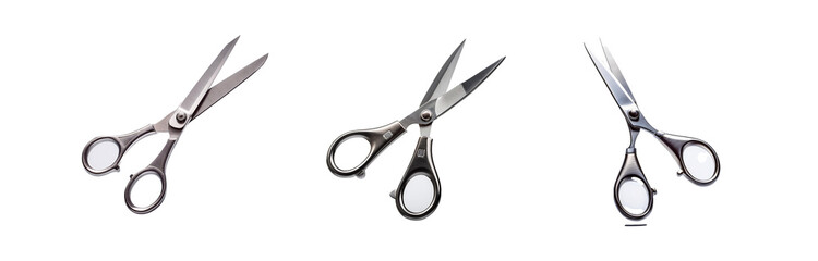 Three pairs of open silver scissors against a white background.