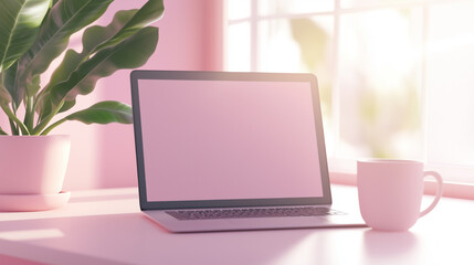 Fototapeta premium A laptop is on a desk next to a plant and two cups. The scene is simple and clean, with a focus on the laptop and the plant