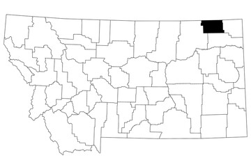 Map of Daniels County in Montana state on white background. single County map highlighted by black colour on Montana map. UNITED STATES, US