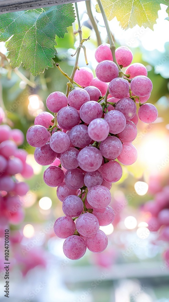 Poster a high-resolution image captures a grape cluster clinging to a vineside, surrounded by verdant folia
