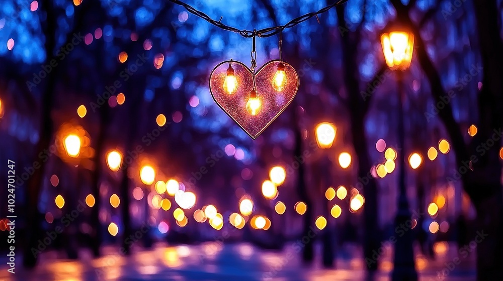 Poster a string of lights dangling from a tree, with a heart-shaped bulb illuminating its endpoint