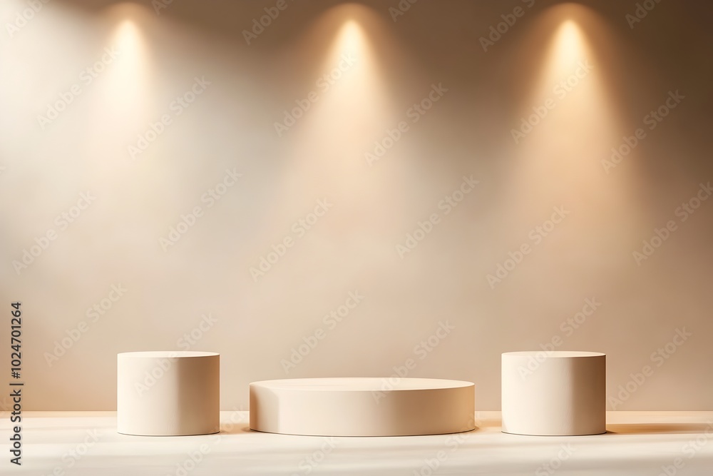 Poster elegant 3d podium backdrop with illuminated neutral platforms in minimalist design