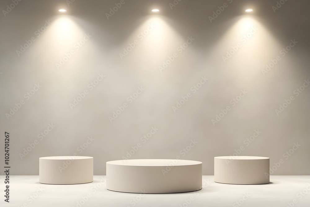 Poster empty 3d podium with smooth platforms and soft spotlights in neutral tones