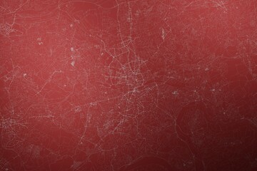 Map of the streets of Essen (Germany) made with white lines on abstract red background lit by two lights. Top view. 3d render, illustration