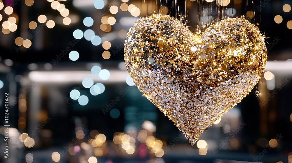 Poster an ornate heart-shaped ornament dangles from a string against a blurry backdrop of bokeh lights