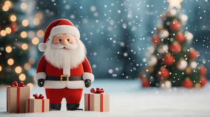 Festive Santa Claus figure surrounded by presents in a snowy winter setting, with softly falling snow and a decorated Christmas tree in the background.