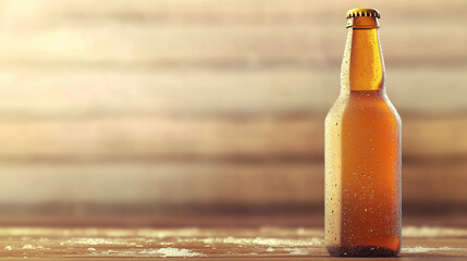Chilled beer bottle with droplets of condensation forming on the glass surface, ice and cold.