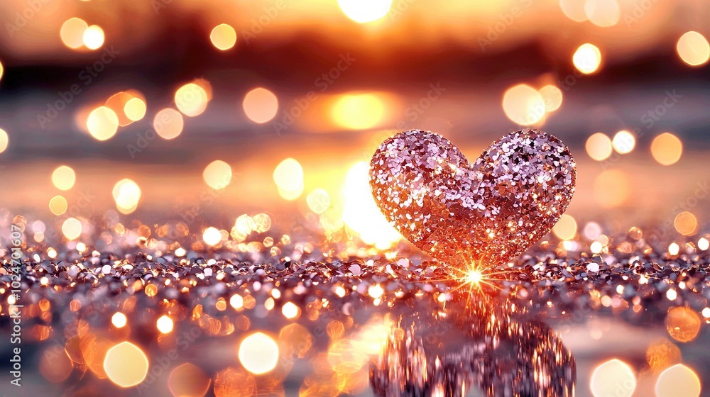 Poster a heart-shaped object sits on a table with a shiny surface and lights in the background