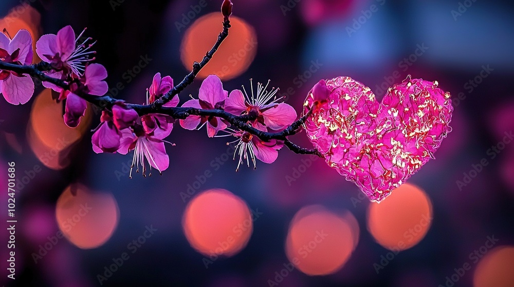 Poster a clear photo of a heart-shaped object on a tree branch with soft focus background lights