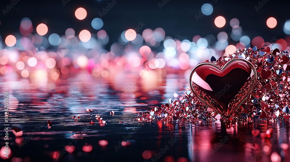 Poster a red heart resting on a table beside a pile of confetti on another table