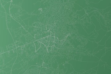 Stylized map of the streets of Pristina (Kosovo) made with white lines on green background. Top view. 3d render, illustration