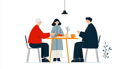 family gathered around dining room table enjoying meal together, showcasing warmth and connection. scene captures cozy atmosphere with food and drinks