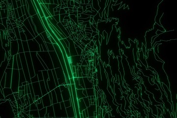 Map of the streets of Vaduz (Liechtenstein) made with green illumination and glow effect. Top view on roads network. 3d render, illustration