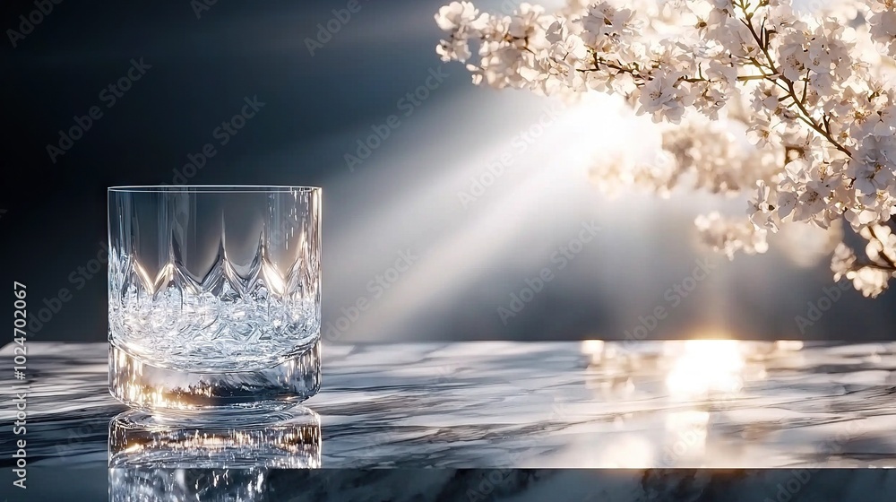 Poster a close-up of a glass on a table with a vase of flowers and a light source behind it