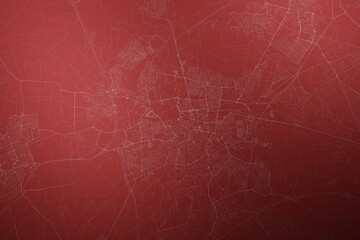 Map of the streets of Breda (Netherlands) made with white lines on abstract red background lit by two lights. Top view. 3d render, illustration