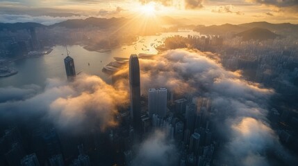 Fototapeta premium Cityscape through the clouds: Hong Kong.