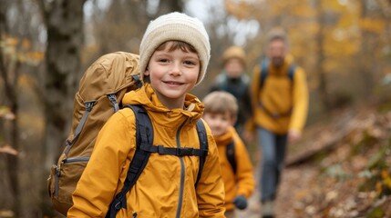 cheerful boy in yellow jacket and backpack smiles while hiking on forest trail with his family. autumn scenery adds warmth to their adventure