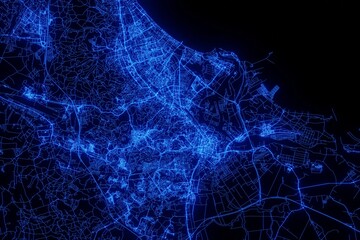 Street map of Gdansk (Poland) made with blue illumination and glow effect. Top view on roads network