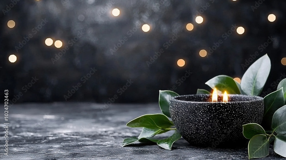Poster a candle on a table with green leaves and string lights in the background