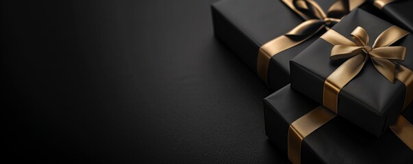 Black Friday banner with black gift boxes. Black Friday background with space for text. Generative AI.