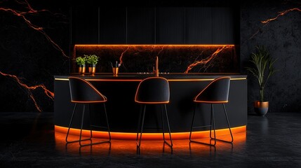   Bar with three stools and neon light on top, potted plant in corner