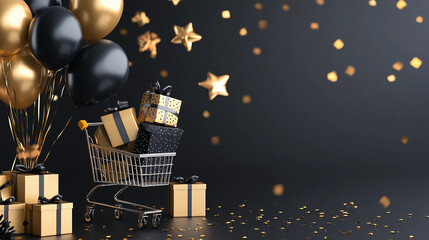 Festive Shopping Scene with Black and Gold Balloons and a Cart Full of Gifts Ready for Celebration