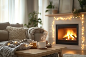 Hygge concept cozy living room near the fireplace and candles