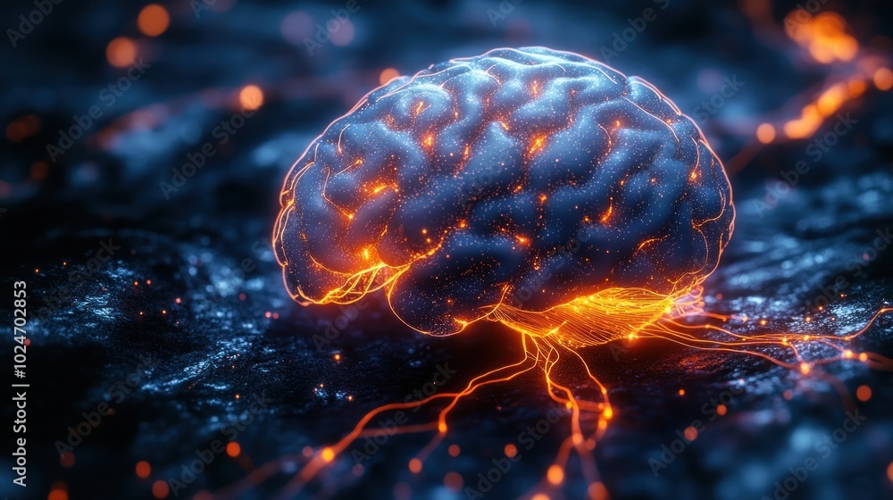 Poster futuristic glowing brain with neural connections in a dark setting.