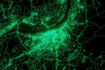 Map of the streets of Perm (Russia) made with green illumination and glow effect. Top view on roads network. 3d render, illustration