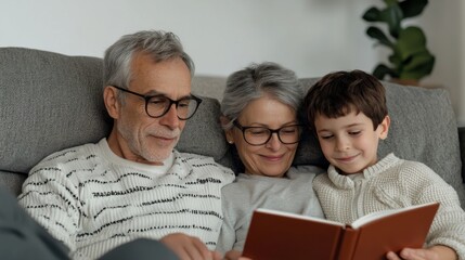 multigenerational family enjoys cozy moment on couch, reading together. warmth of their smiles reflects deep bond and shared joy in storytelling