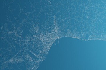 Map of the streets of Malaga (Spain) made with white lines on blue paper. Rough background. 3d render, illustration