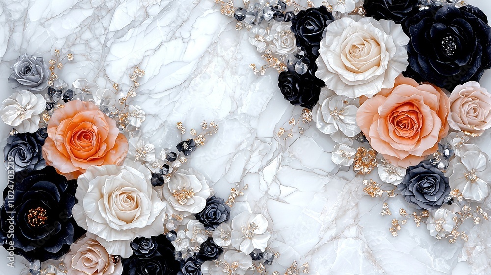 Poster a zoomed-in image of a marble slab with blooms at the base of every flower on the bottom of the marb