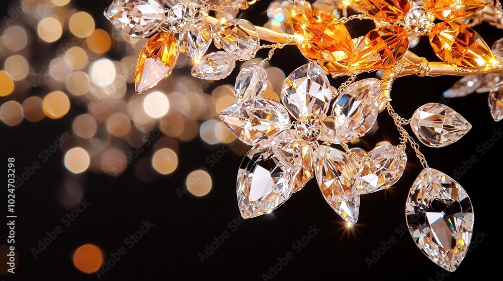 Poster a clearer image of a close-up of a chandelier with multiple lights shining brightly in the backgroun