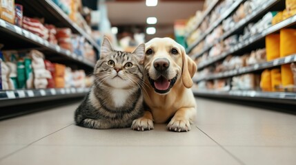 A happy Labrador retriever and a striped tabby cat lying on the floor of a pet store aisle surrounded by pet food and supplies.