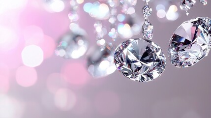   A pair of diamond earrings dangles from a chandelier against a white background