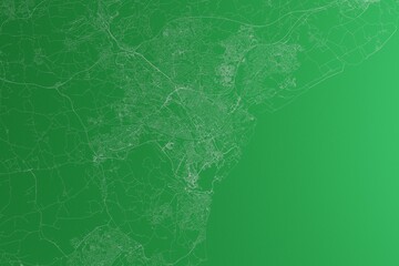 Map of the streets of Cardiff (UK) made with white lines on green paper. Rough background. 3d render, illustration