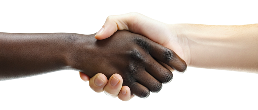 Firm handshake between diverse individuals, isolated on transparent cutout background