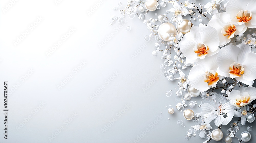 Poster a white space on a white background with white flowers and pearls to add a text or image for use in 