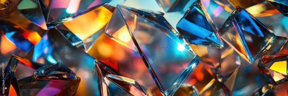 Aufkleber dynamic glass shards in vibrant motion, reflecting a spectrum of colors, creating a mesmerizing visu