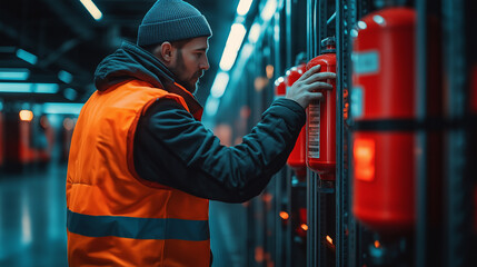 Worker Inspects Fire Safety Equipment in a Subway Station During Late Evening Hours