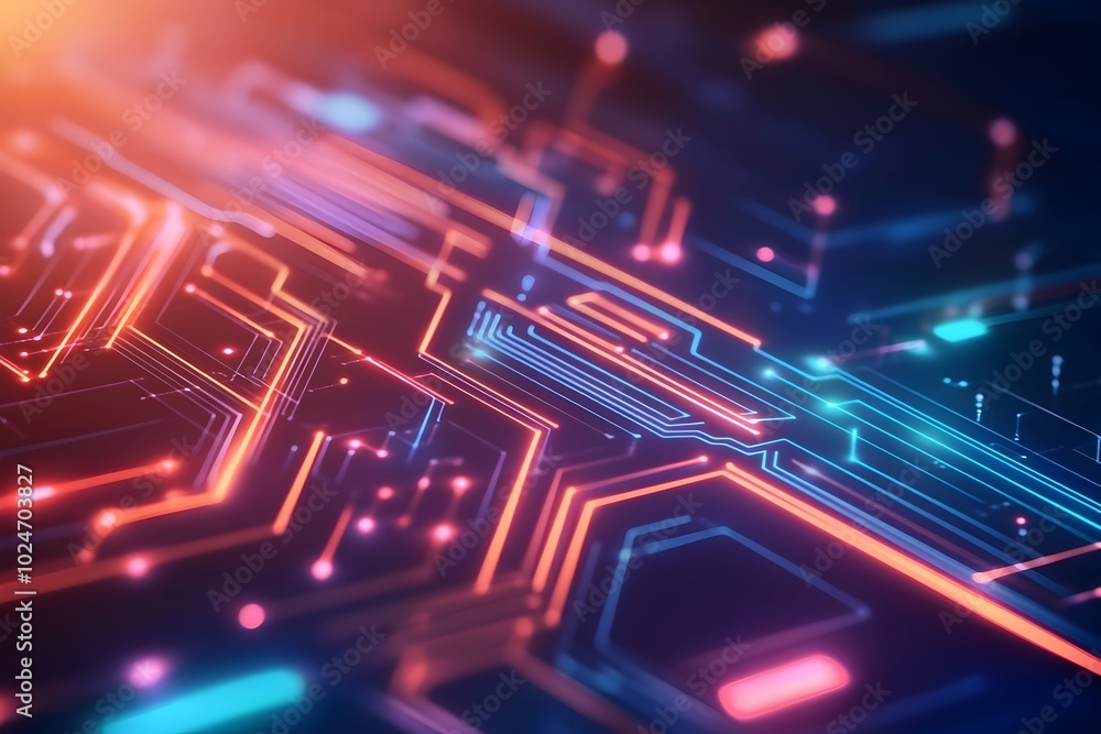 Poster vibrant futuristic technology abstract with neon circuits and glowing geometric patterns