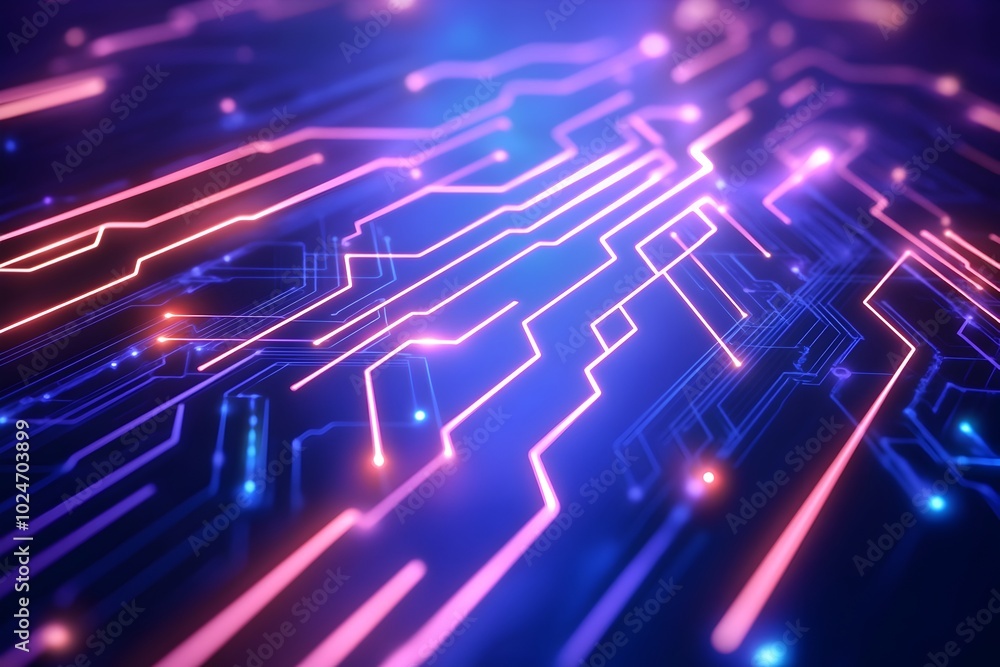 Poster glowing neon circuits and geometric patterns evoking futuristic high tech atmosphere