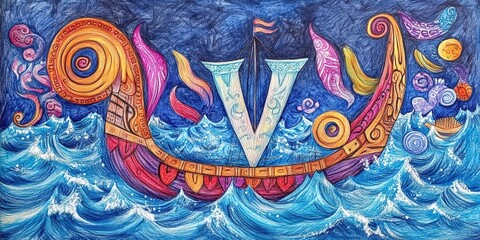 Fototapeta premium Colorful ship sails on blue waves.