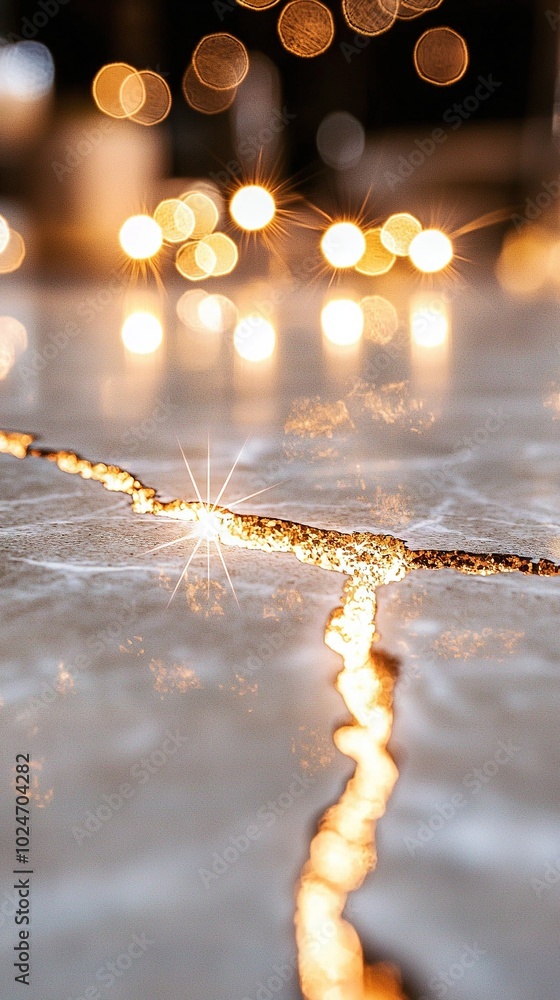 Aufkleber a close-up of a shiny object with lights in the background and a line of lights in the foreground