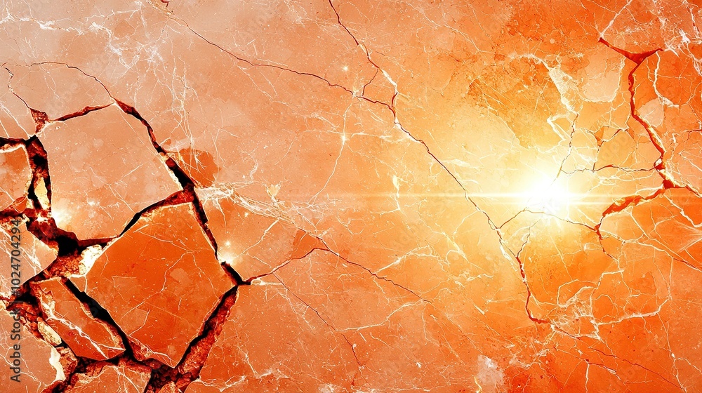 Poster a high-resolution image of a close-up of a cracked surface with sunlight illuminating the cracks in 