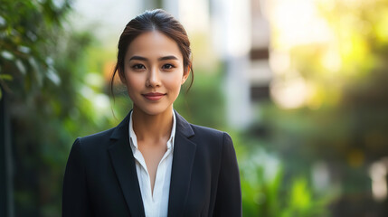 Successful Asian Woman in a Navy Blue Suit Posing Confidently