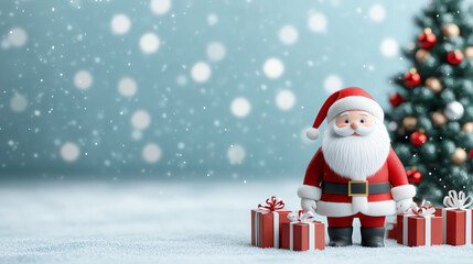 A cheerful Santa Claus stands by a beautifully decorated Christmas tree, surrounded by colorful gifts, with a soft snowfall gently falling in the background.