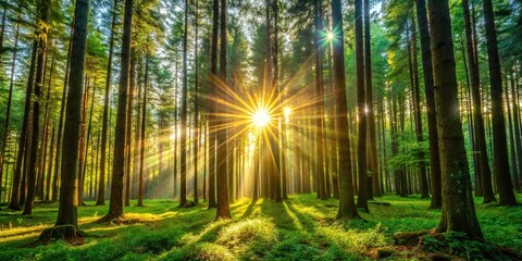 Naklejka premium Sunny forest with sunlight filtering through trees